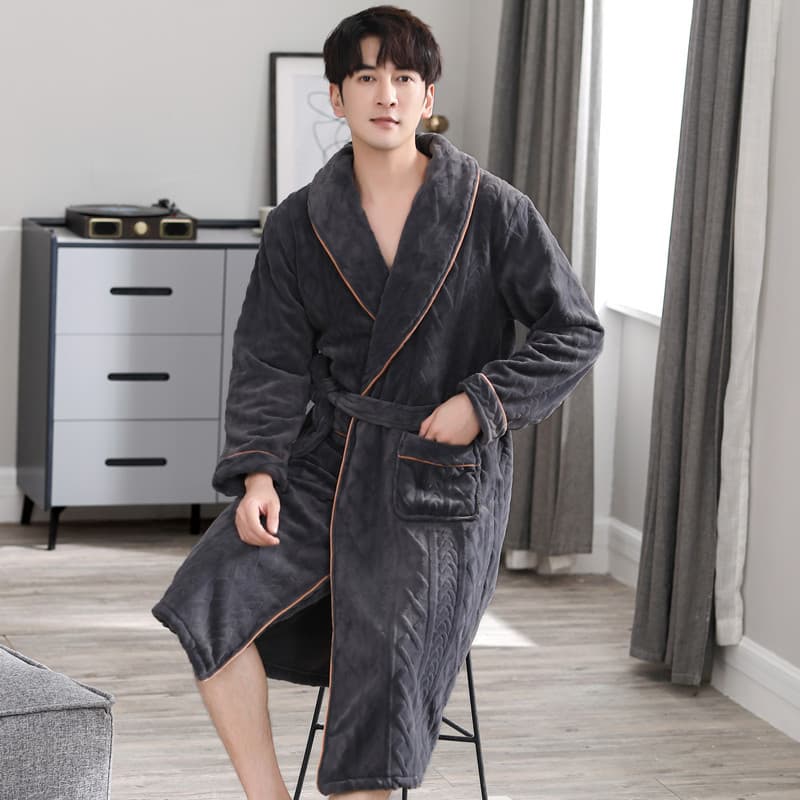 Men's Flannel Thickened Extended Bathrobe Coral Fleece Pajamas Winter Thermal Bathrobe for Men