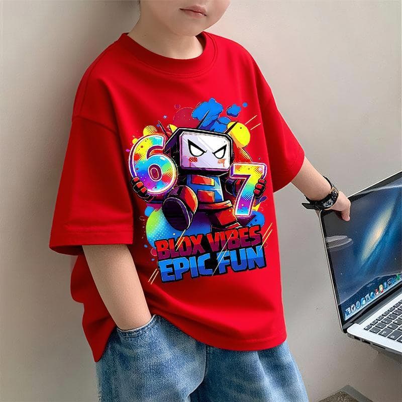 2026 Summer New Style Boys' Short-Sleeve Versatile Children's Cartoon Print Simple Loose Trendy Base Shirt
