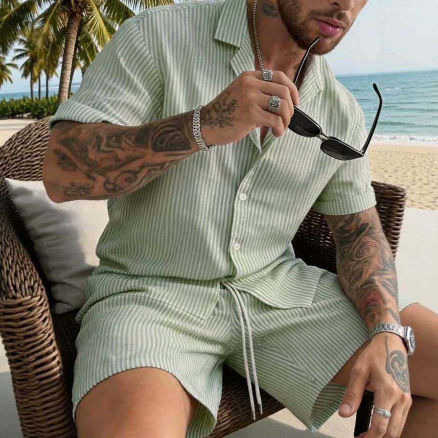 2026 Amazon New Arrival Cross-Border Men's Set, Casual Button-Down Short Sleeve Shirt and Long Pants, Trendy Men's Outfit