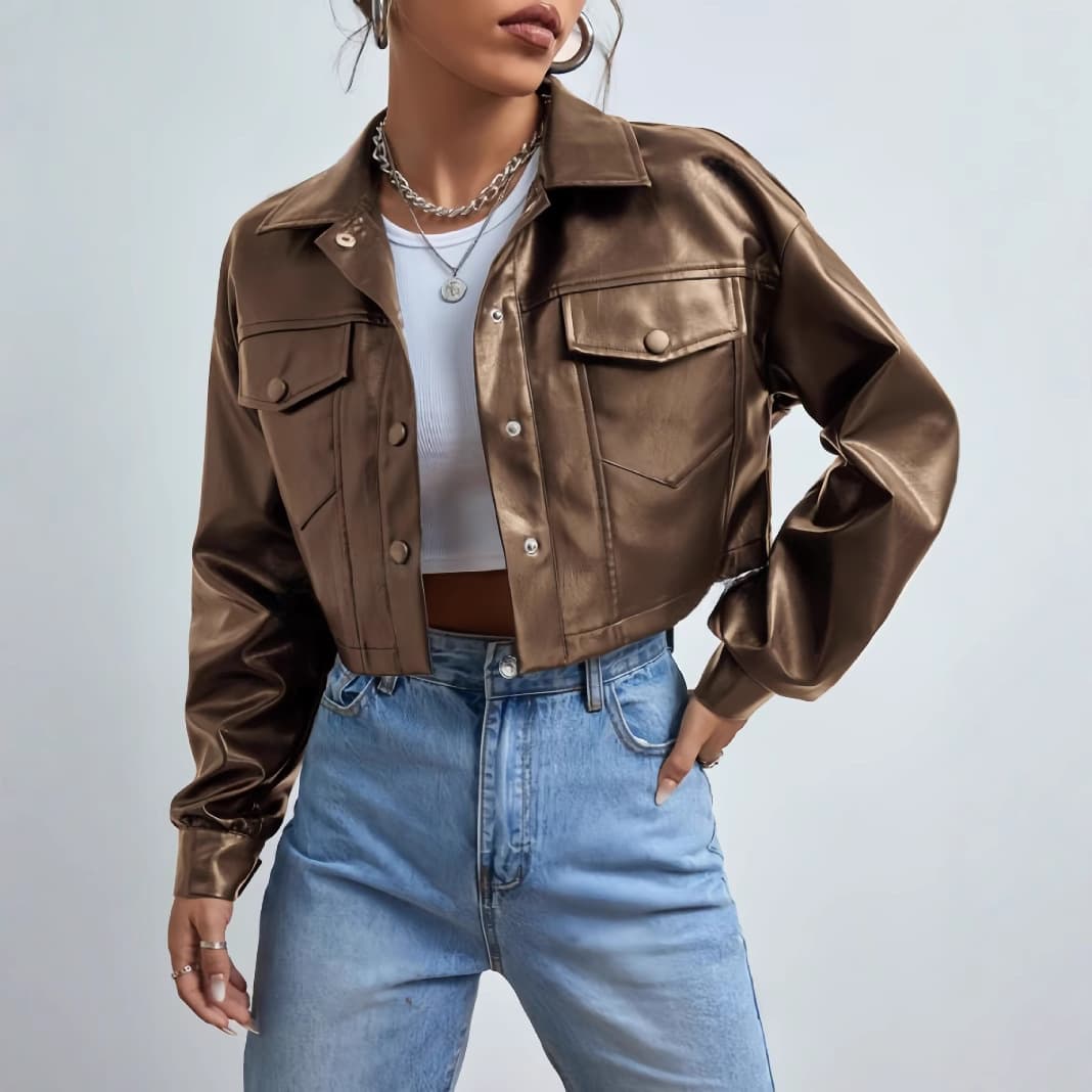 Street Chic Turn-down Collar Snap Button Leather Jacket 2024 Fall/Winter New Sexy Crop Top Short Style Long Sleeve Pocket Coat
