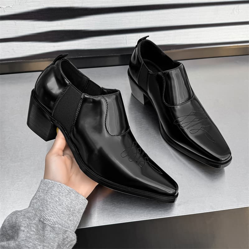 Loafers New Black Leather Shoes Slip-On High Heel French Slim Boots Chelsea Boots 14848-J