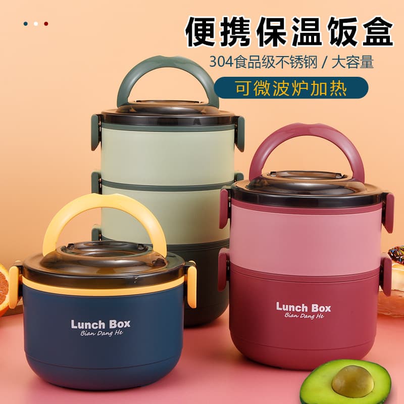 Factory Direct 304 Stainless Steel Thermal Lunch Box for Office Workers and Students, Multi-layer Round Microwaveable Insulated Carrying Pot