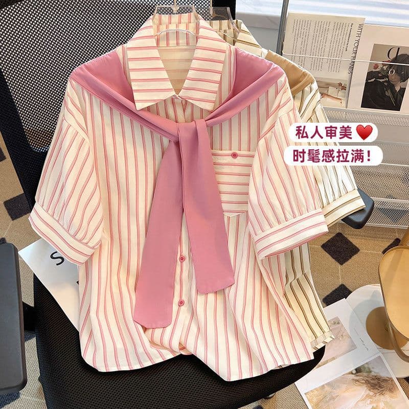 Shawl Layered Two-Piece Design Striped Short-Sleeve Shirt 2026 Summer New Fashion Versatile Top