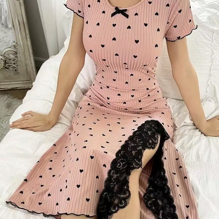 2025 New Home Love Print Short Sleeve Nightgown Round Neck Dress Casual Printed Women's Long Dress