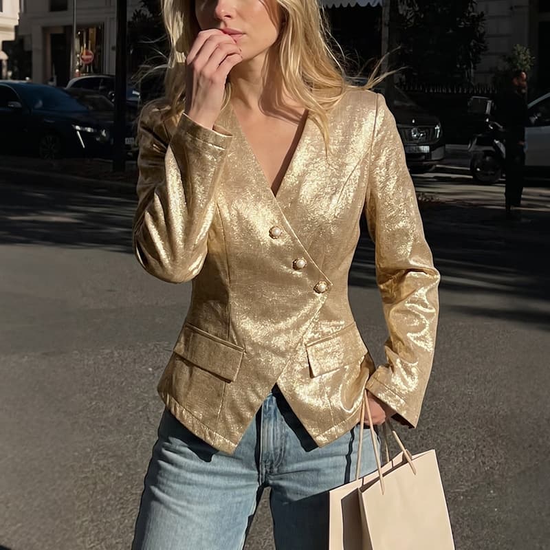 TEMU Europe and America 2026 Fall/Winter New Style Elegant Commuter Gold Foil V-Neck Fitted Long-Sleeve Blazer for Women