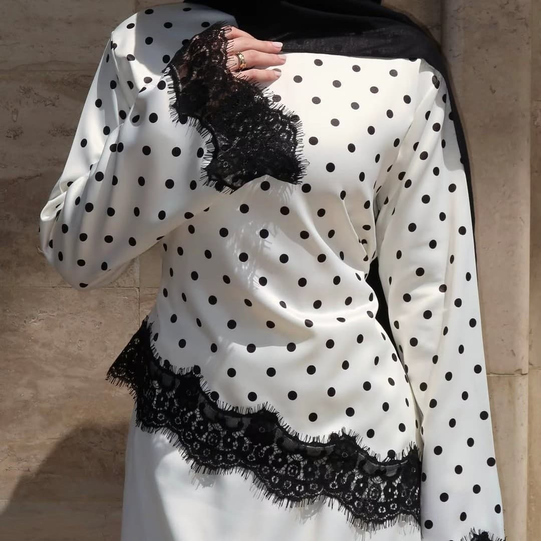 2026 Loriya Lace Trim Polka Dot Blouse LR1357 & LR1185 Skirt