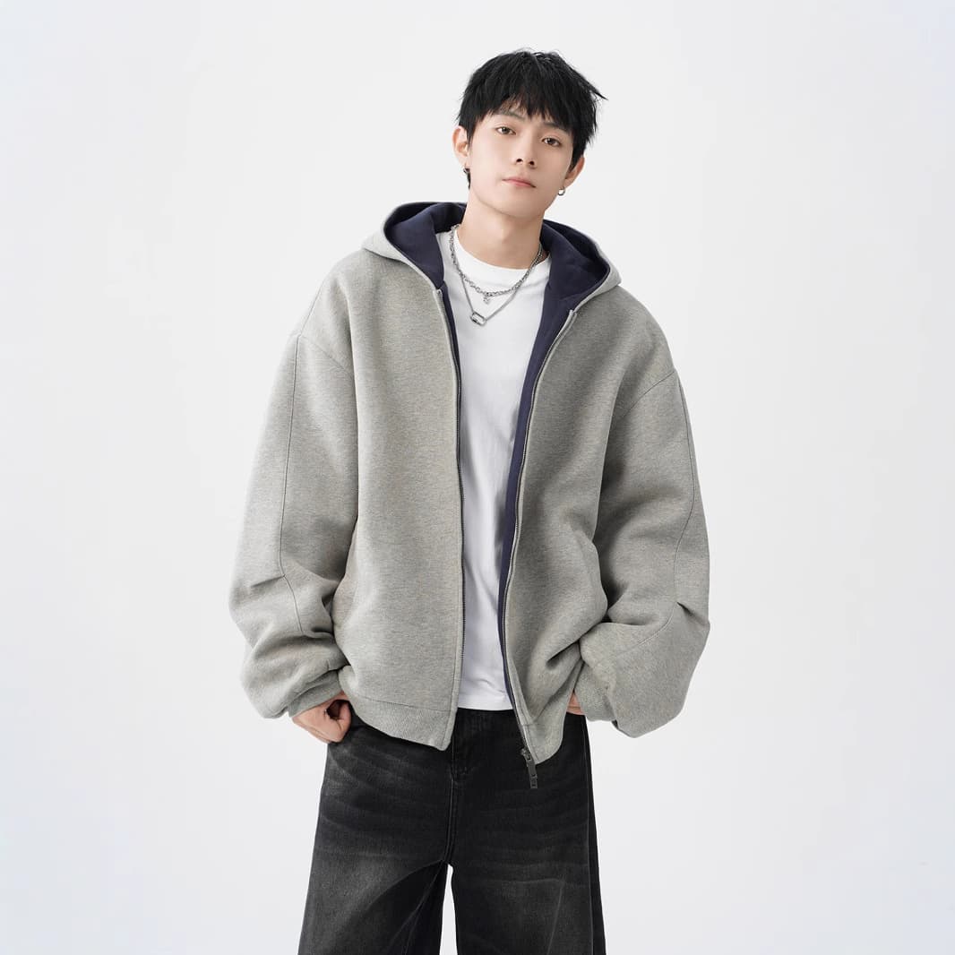 Double Zipper Heavy Cardigan Sweater Men's Trendy Brand Loose Casual Rigid Color Contrast American Style Retro Hoodie Jacket for Boys