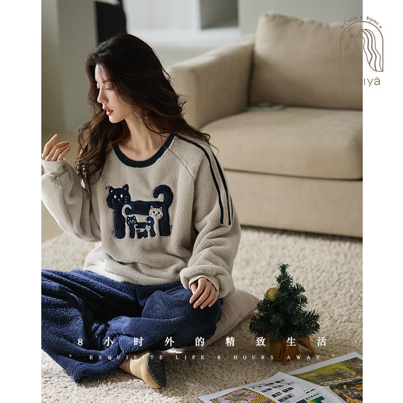 Nidiya Coral Fleece Pajamas Women's Autumn Winter Thick Warm Age-Reducing Casual Fashion Wearable Homewear Set