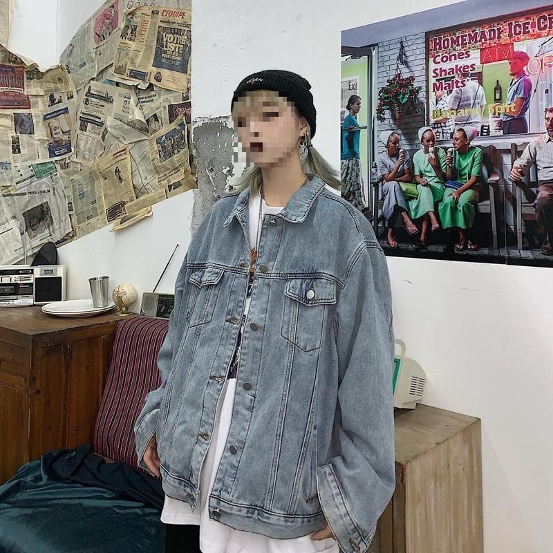Women's denim jacket Korean-style Harajuku Hong Kong vintage worn retro loose casual shirt spring and autumn jacket top.