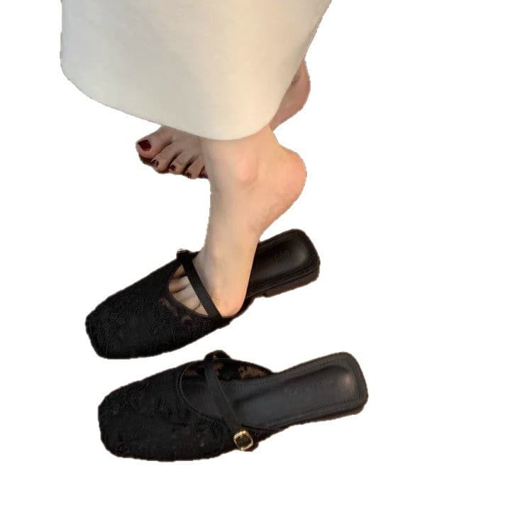 Sheepskin French Fairy Style Gentle Evening Shoes Breathable Lace Closed-Toe Half Slippers Women's Summer Outdoor Mules