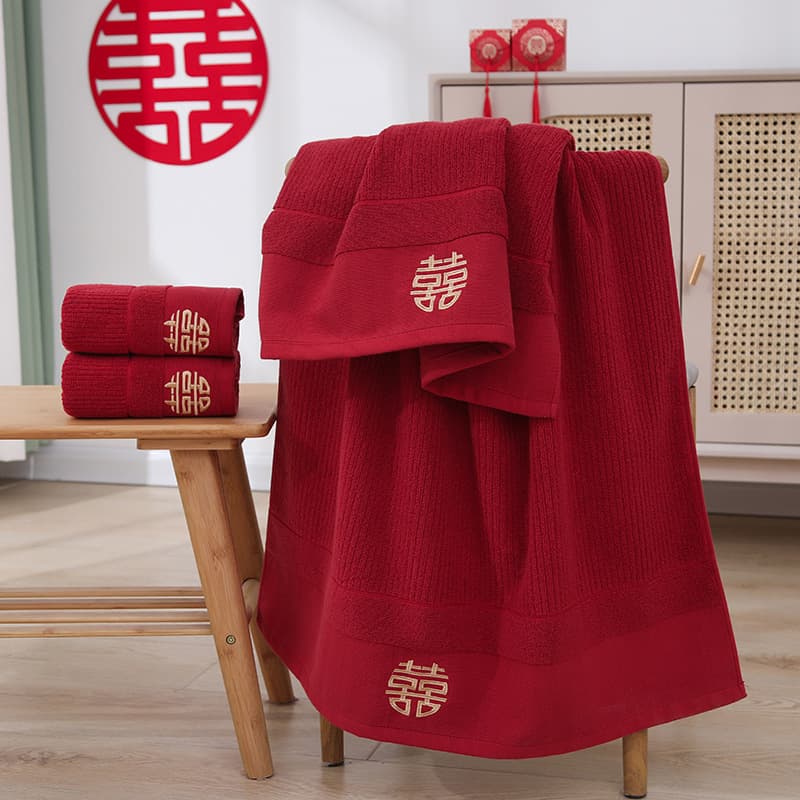 Burgundy striped wedding towels, plain weave with embroidery, thickened and absorbent for marriage favors, happiness handkerchief souvenirs.