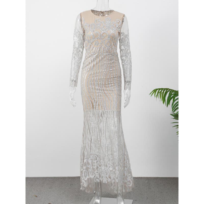 On-site Real Shot Cross-border Spring/Summer New Long Dress Mid-rise Elegant Commuter Sequined Slimming Stylish Dress