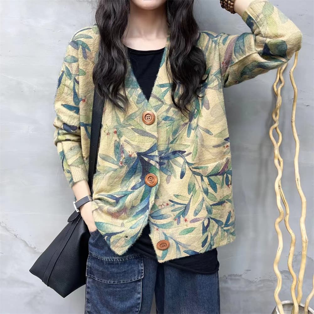 Women's Mink Cashmere Knit Sweater 2024 New Fashionable High-End Printed V-Neck Cardigan Loose Casual Women's Autumn and Winter