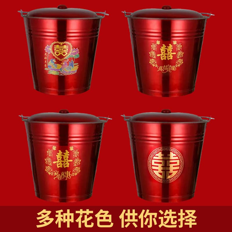 ✅ Wholesale Wedding Supplies Descendant Bucket Bride Troussseau Marriage Dowry Stainless Steel Happiness Bucket Red Thickened Water Pail