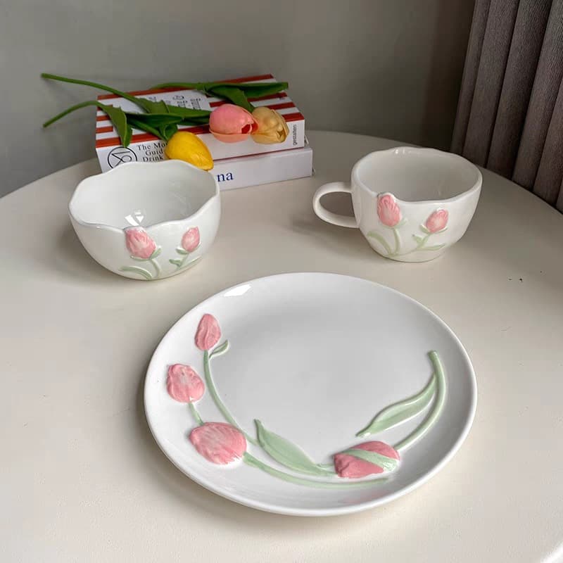 Korean Style Ceramic Plate Tulip Relief Dessert Breakfast Salad Dinnerware Set Cute Chinese Origin Home Living Dining Plate