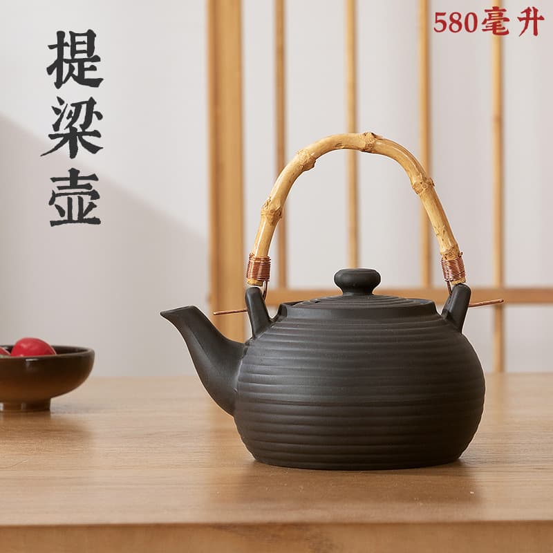 Vermilion Clay Tea Pot Brewing Vessel, Medium-Sized Ceramic Tea Kettle with Ribbed Carrying Handle