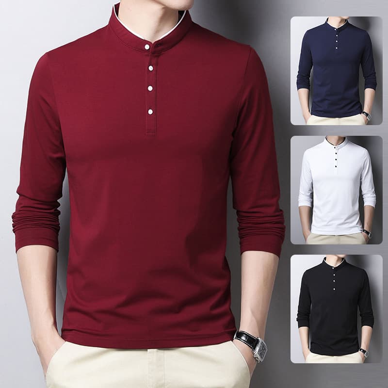 New Cotton Stand Collar Polo T-Shirt for Young Men - Trendy Long Sleeve Base Shirt