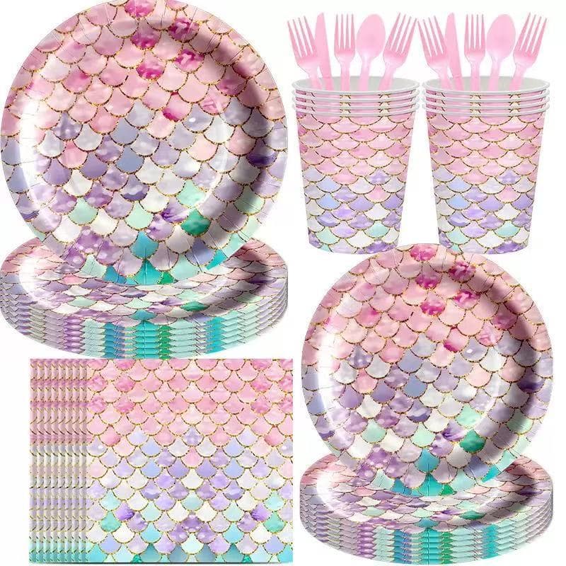New Pink Mermaid Fish Scale Theme Tableware Set Birthday Party Decoration Scene Layout Disposable Supplies