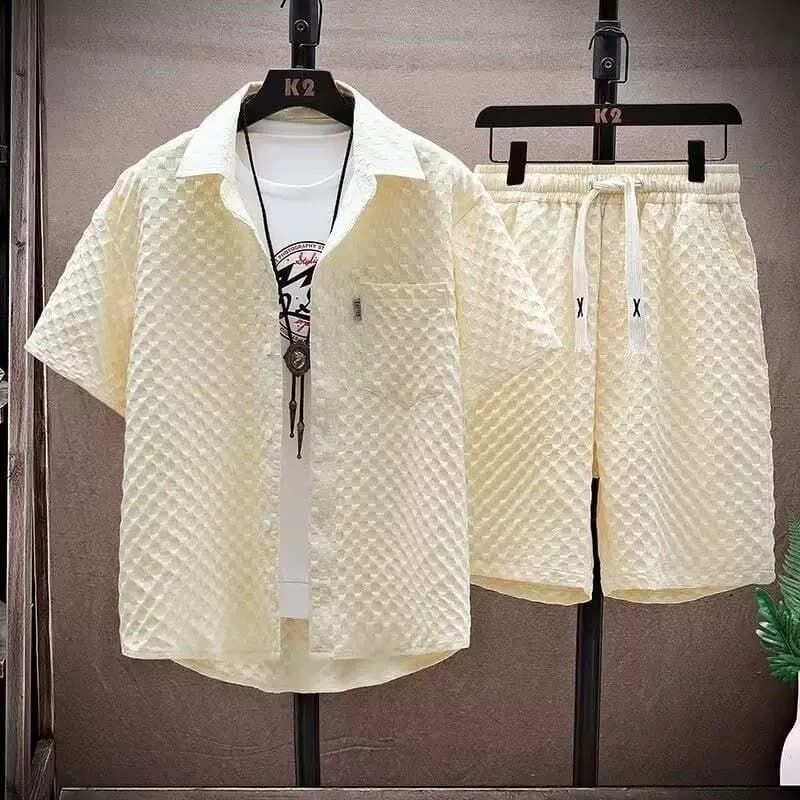 Summer ice silk short-sleeved shirt suit for men, cool and handsome outfit with five-point shorts, a complete set of sports and leisure two-piece set