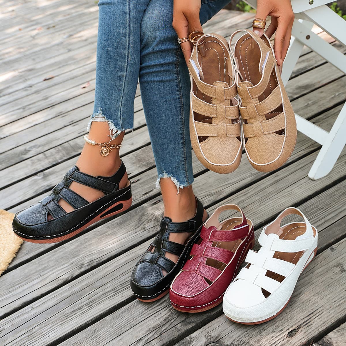 Roman Toe Wide Fit Sandals Women 2026 New Summer European American Style Chunky Heel Versatile Velcro Beach Sandals