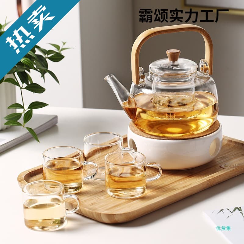 Glass Flower Tea Pot Set, Fruit Brewing Pot with Candle Warmer, Health Tea Kettle, Afternoon Tea Set