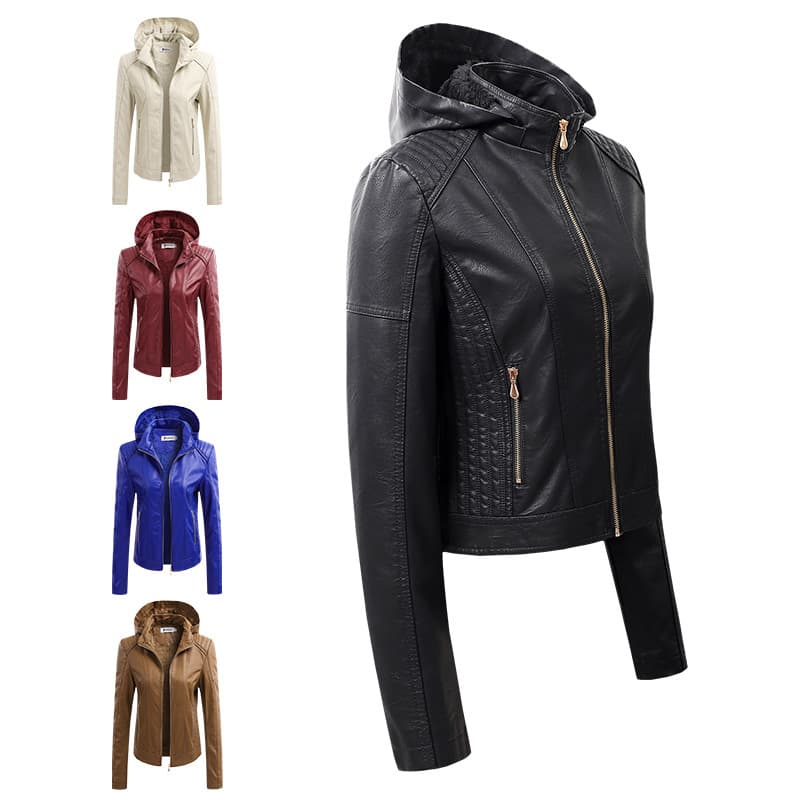 Detachable Hooded Women's Leather Jacket Hot Sale Of The Season Fashionable PU Coat Ladies Biker Jacket Chinese Brand None( AE S