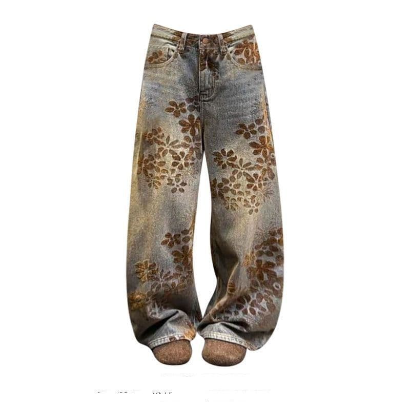 American Street Style Plus Size Washed Vintage Jacquard Denim Jeans for Women, Loose Flowy Wide-Leg Curved Cut Long Pants