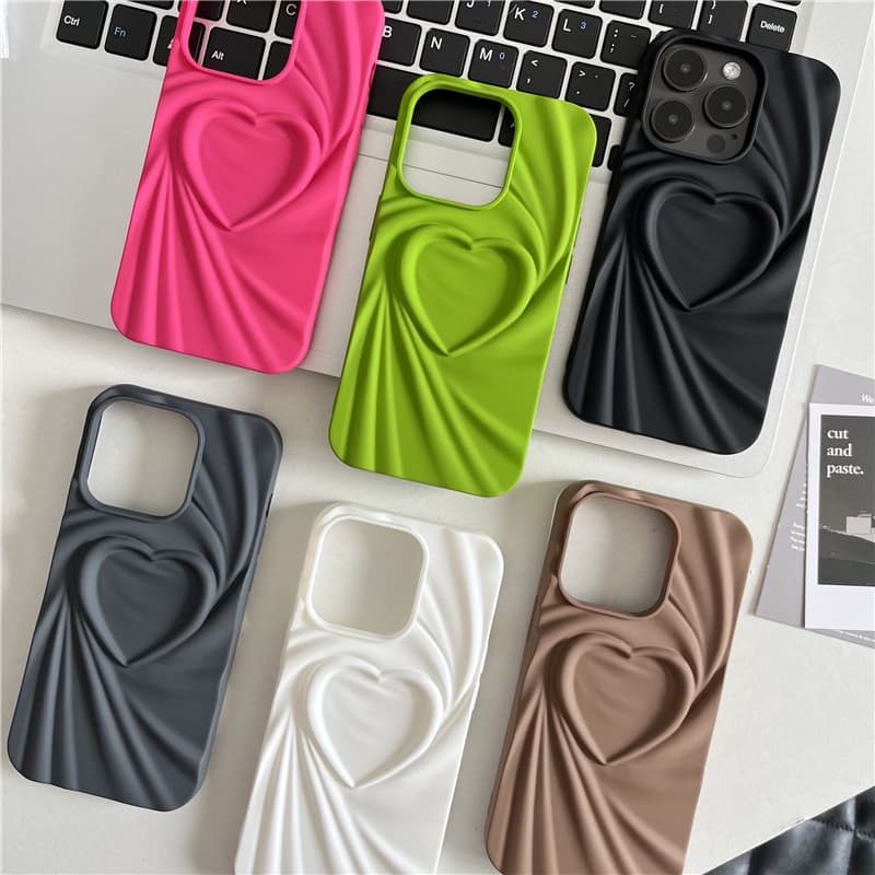 Ins Style 3D Pleated Silk Texture Heart Candy Solid Color Phone Case for iPhone 17 Full Coverage Soft Cover New