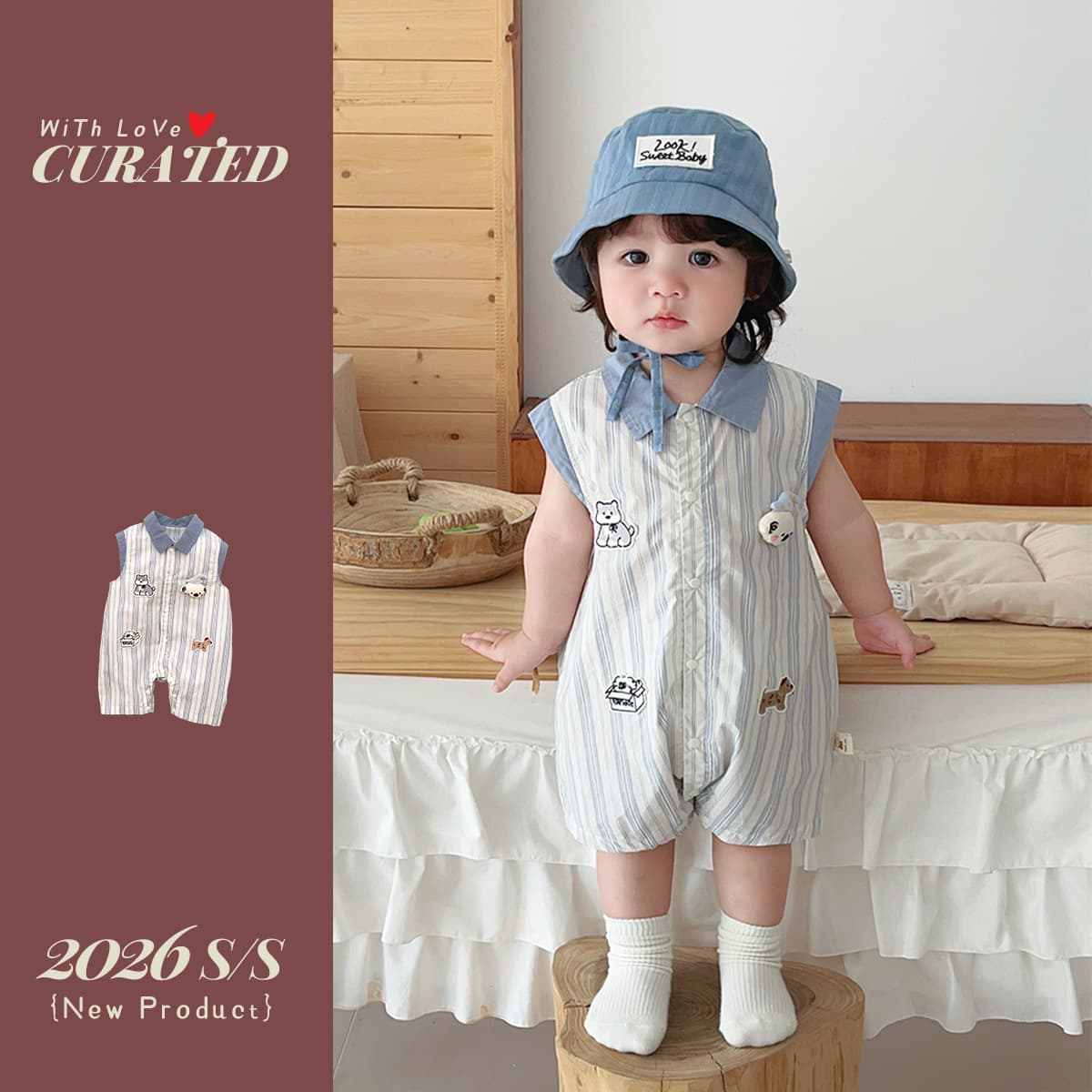 Small month old baby boy summer jumpsuit newborn vest striped cartoon patch buha clothing fashionable summer crawl suit