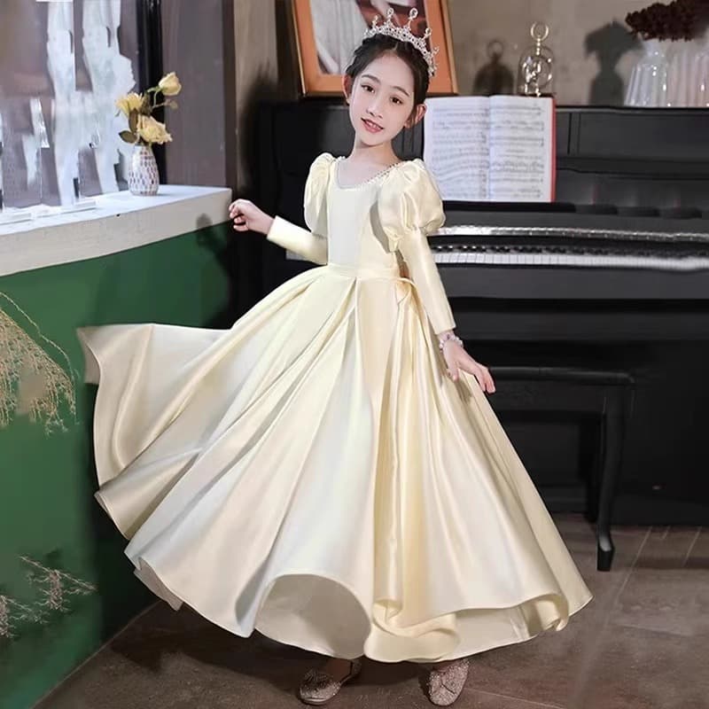 Champagne Kids' Dress Girls Satin Premium Birthday Princess Gown Flower Girl Wedding Little Girl Piano Performance Outfit