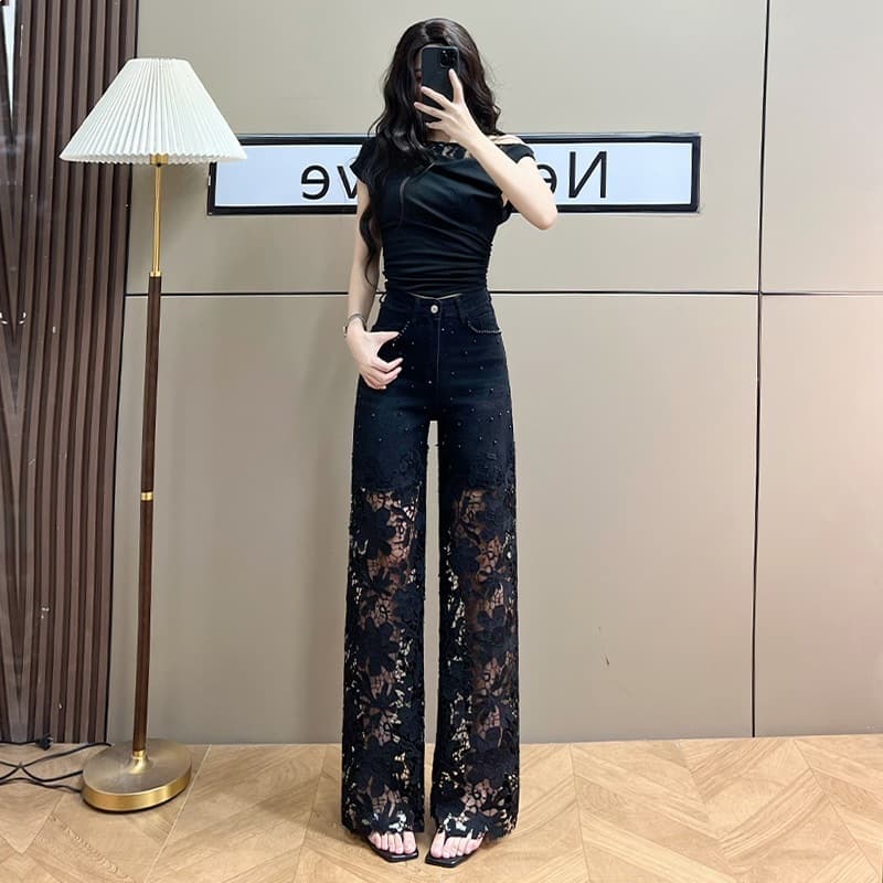Fashionable Lace Hollow Out Wide Leg Jeans for Women 2026 New Summer Thin Style Rhinestone Popular Straight Leg Pants