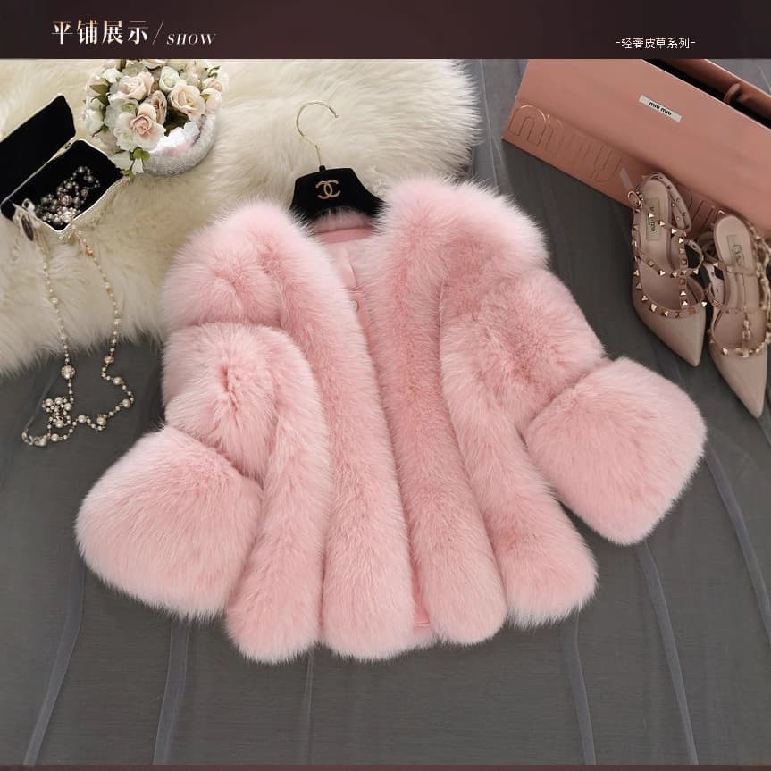 Haining Fur Factory Wholesale Faux Fox Fur New Short Coat Women's Patchwork Three-quarter Sleeve Casual Versatile Short Women's