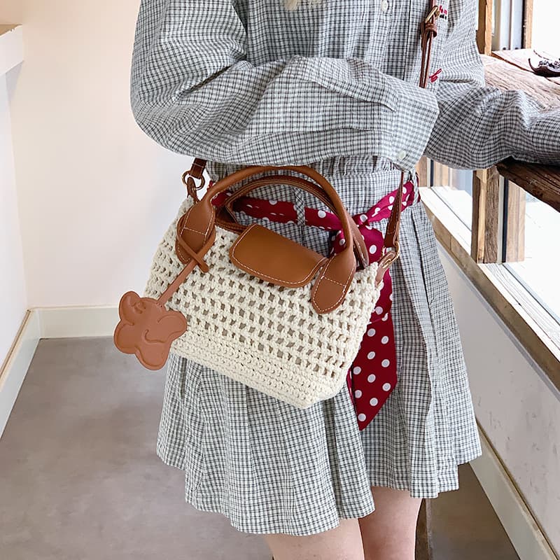 Casual Handwoven Cotton Linen Tote Bag Summer Beach Shoulder Bag Hook Knitted Small Bag Summer Casual Travel Tote Bag