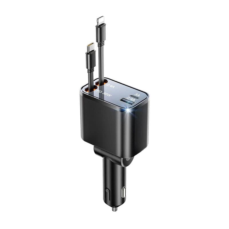 Cross-border car charger PD30W flash charging plug retractable 1 to 4 mobile phone lightning cable cigarette lighter charging fast charging
