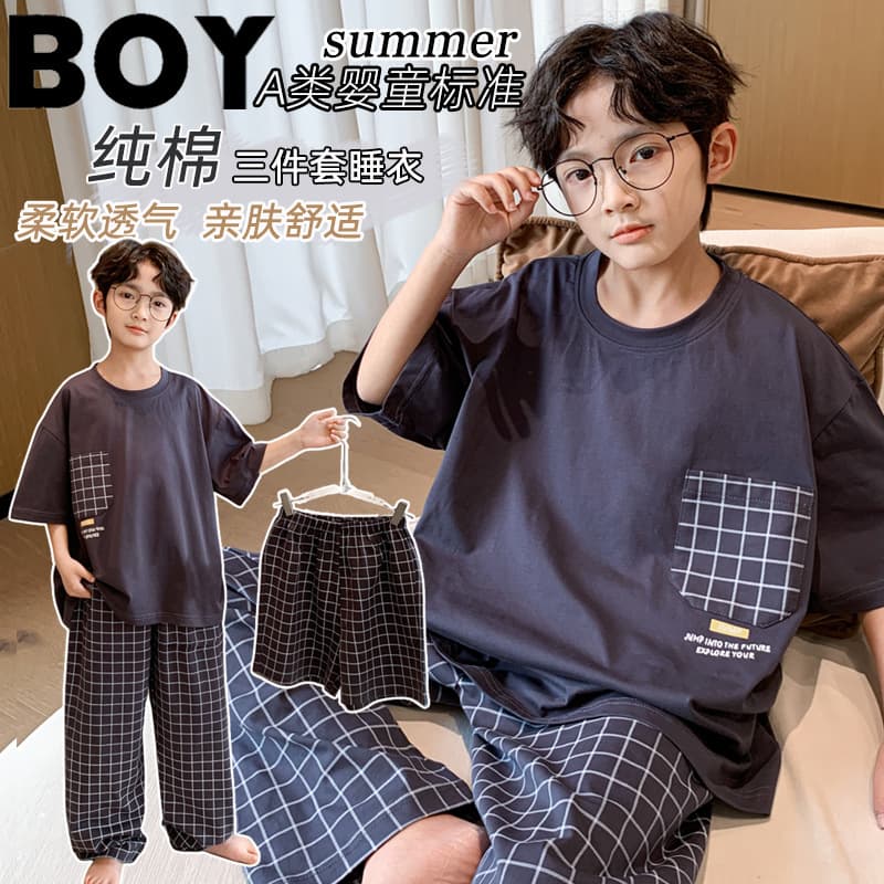 Cotton Pajama Set for Boys Summer Short Sleeve Three-Piece Youth Teen Kids Air Conditioning Homewear