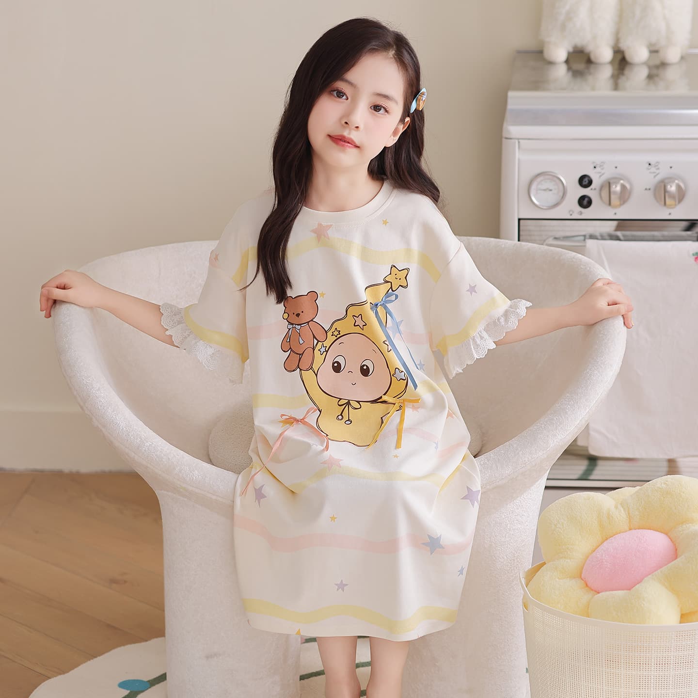 Children's Nightgown 2026 New Summer Girls' Pajamas Pure Cotton Short-Sleeved Summer Style Cute Home Clothes for Girls and Older Kidsren