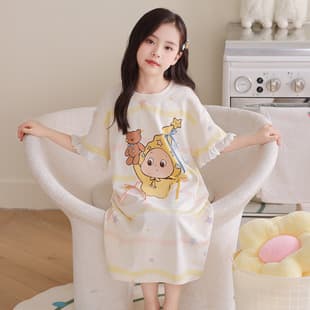 Kids Nightgown 2026 New Summer Girls Pajamas Cotton Short Sleeve Summer Cute Middle-Aged Children Homewear