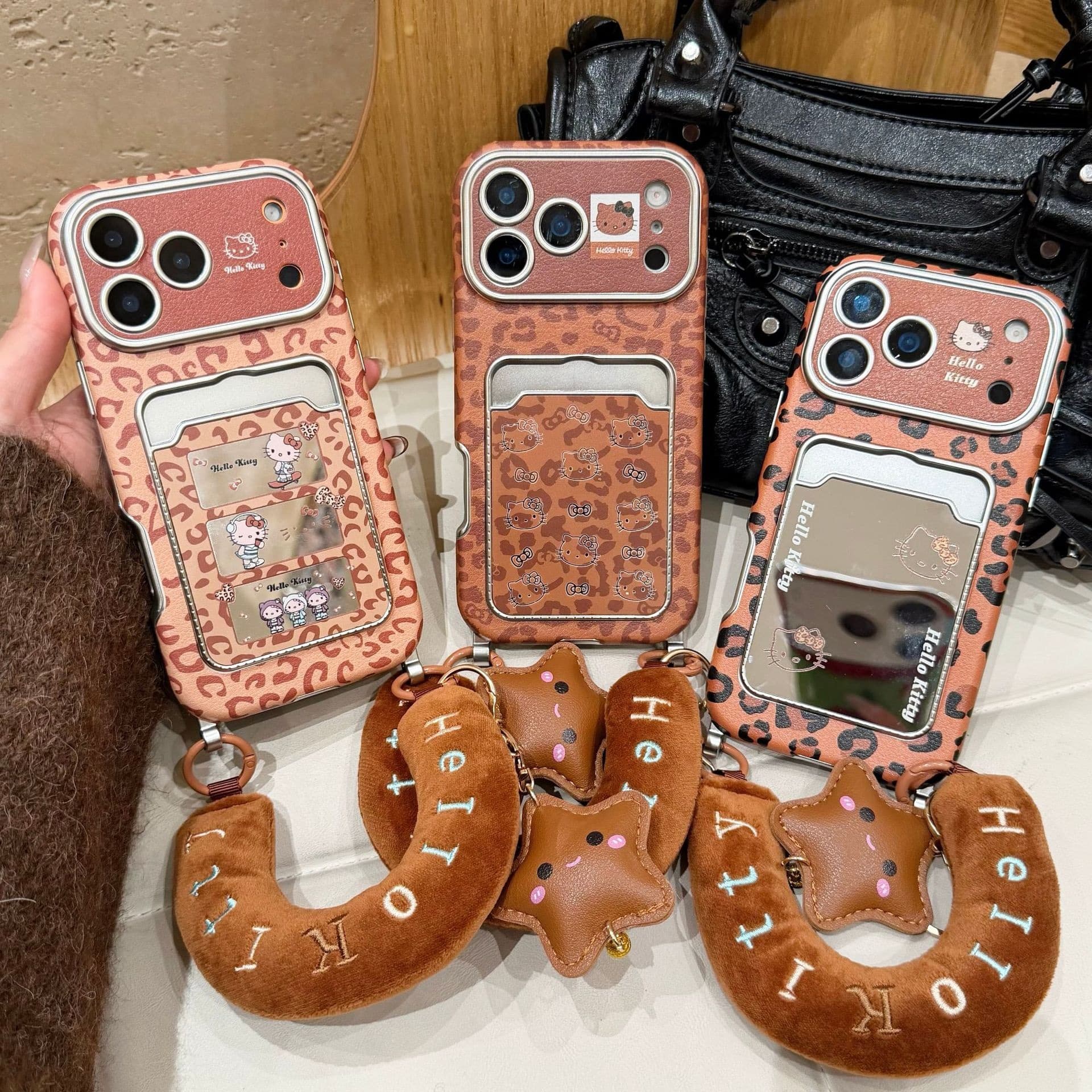 Compatible with iPhone 17 Pro Max Case Retro Leopard Print Card Holder Kitty Cat Apple 16 Protective Cover Shockproof