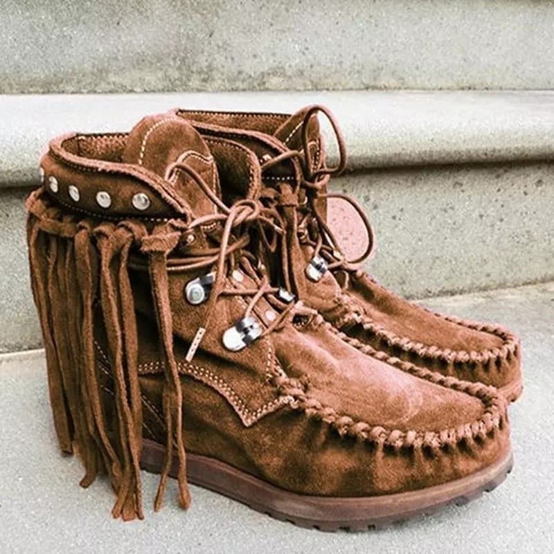 Women's Round-Toe Suede Ethnic Style Leather Boots with Tassels, Fashionable Thick-Soled Wear-Resistant Short Boots, Low-Heeled Women's Shoes