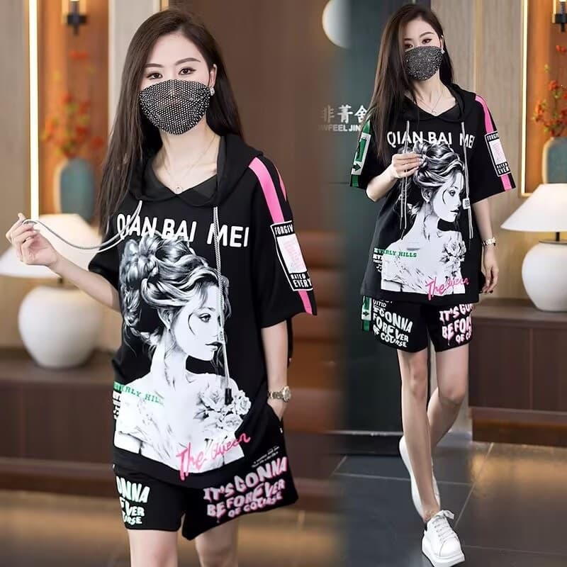 Fashion Plus Size Casual Sportswear Set, Summer New Hooded Tummy-Hiding Print Shorts Two-Piece Set for Women