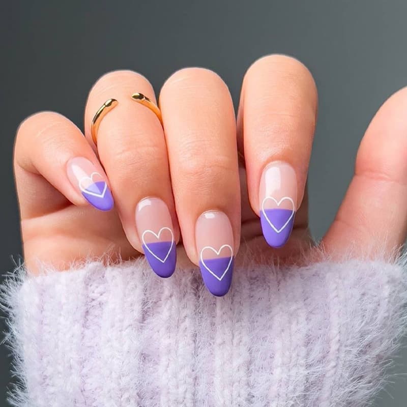 Blue Heart French Style Short Press-On Nails Removable Almond French False Nails Wholesale