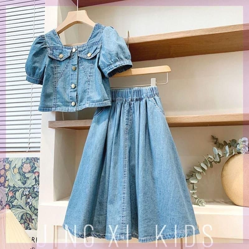 Girls Clothing 2026 Summer New French Vintage Denim Dress Baby Girl Elegant Celebrity Style Dress