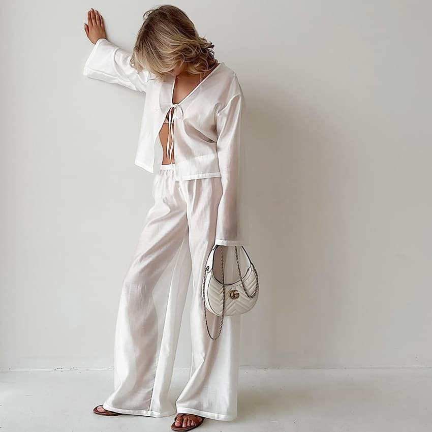 2025 Summer New Solid Color Casual Loungewear European and American Versatile See-Through Tie Cardigan Pajamas Two-Piece Set for Women