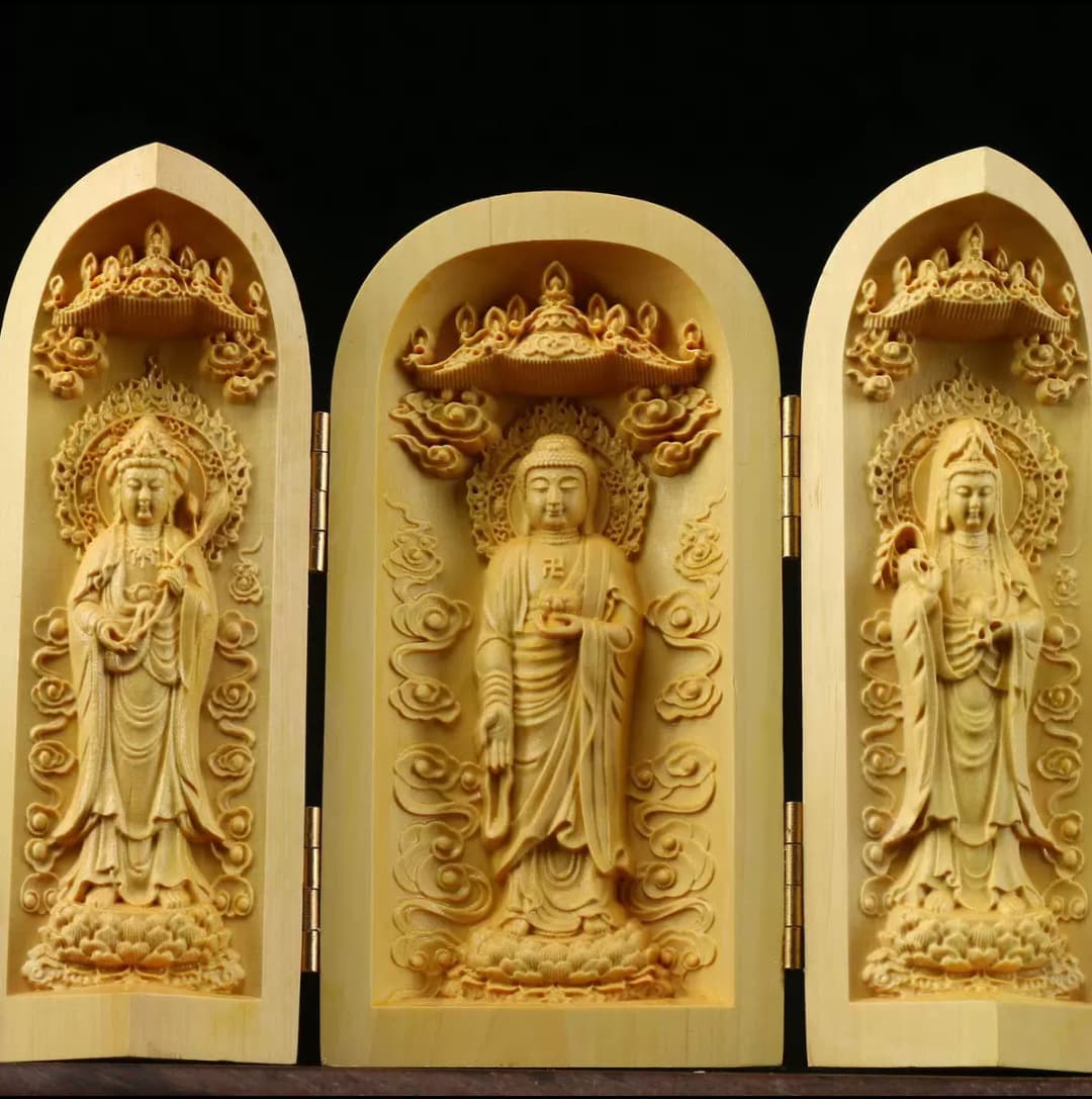 Factory Wholesale Boxwood Buddha Statue Carving Fu Lu Shou Three-Panel Buddha Wooden Craft Gift Ornament Dropshipping