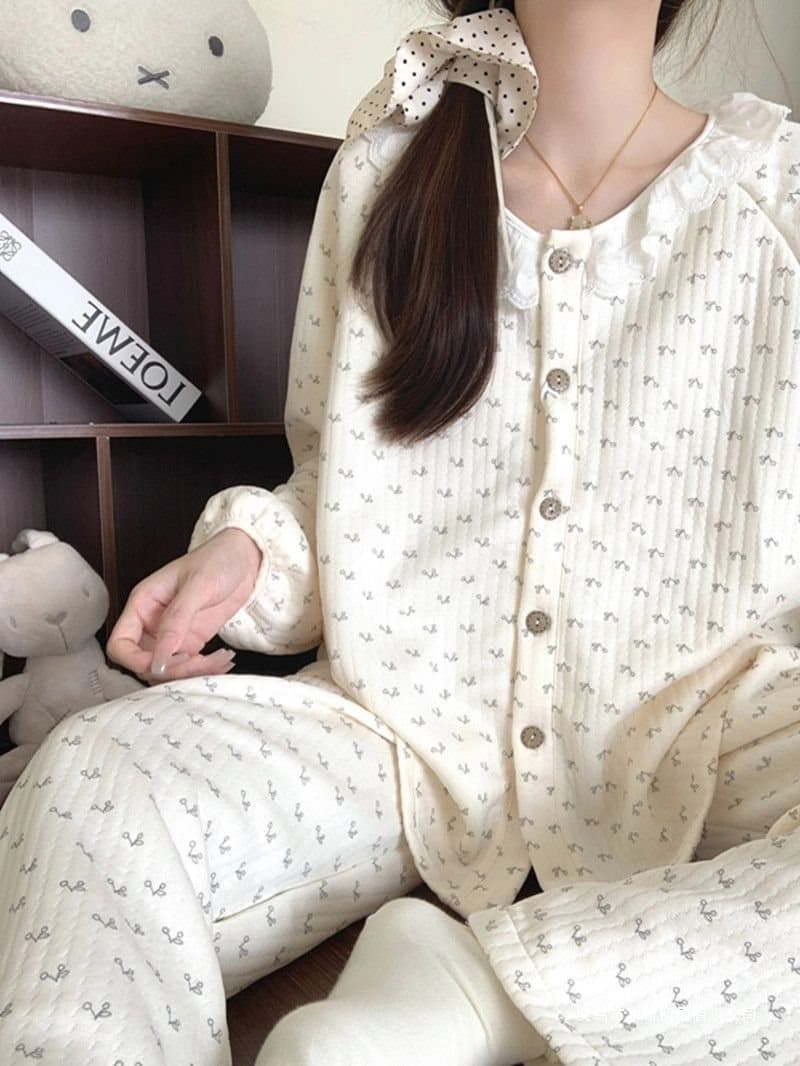 Korean Style Floral Air Layer Autumn/Winter Sleepwear for Women, Thickened Warm Long Sleeve Homewear 2025 Winter New