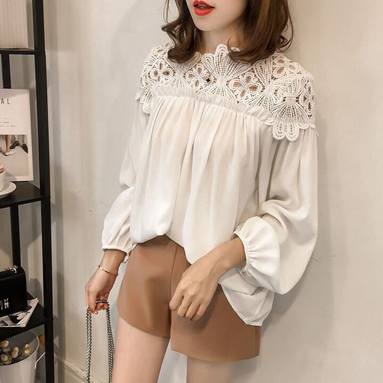 2025 New Korean Style Fashion Crochet Hollow Lace Patch Chiffon Blouse Women Long Sleeve Top Undershirt Trendy