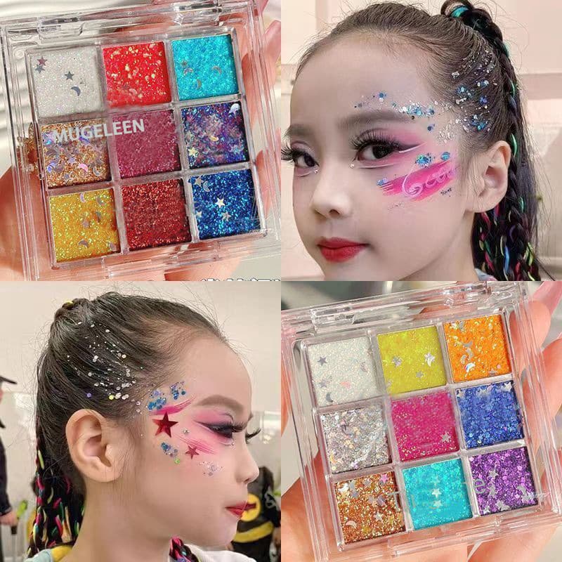 Colorful Eyeshadow Palette with Glitter and Sparkles, Green Blue, Nine-Color Glitter Eyeshadow for Children's Stage Makeup