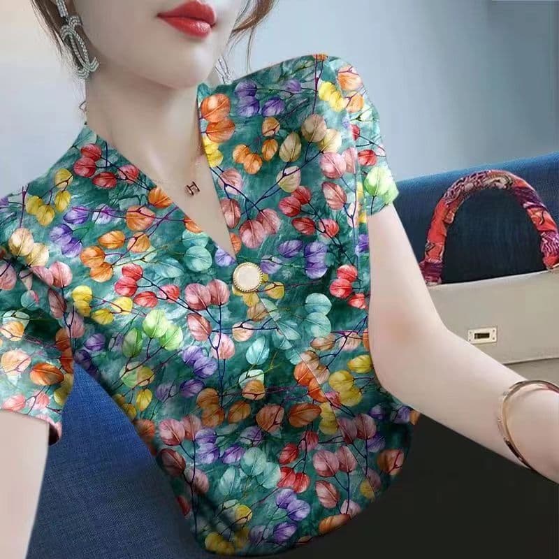 2024 Summer New Arrival Casual All-Match Short-Sleeved T-Shirt Women's V-Neck Base Shirt Fashionable Printed Slim Look Trendy Top