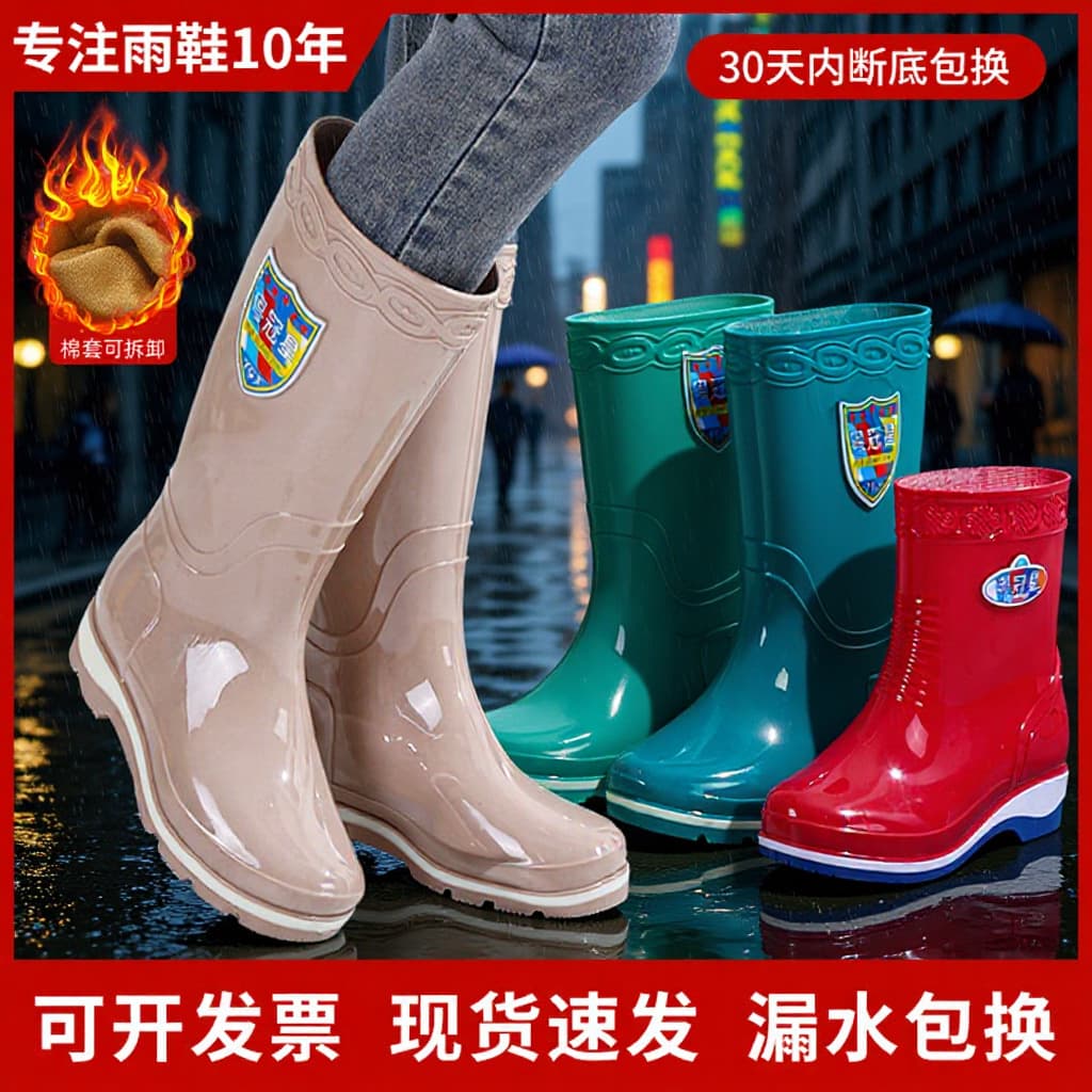 2025 new PVC high anti-slip ladies fleece-lined rain shoes, outer wear waterproof thick-soled long high-heel rain boots
