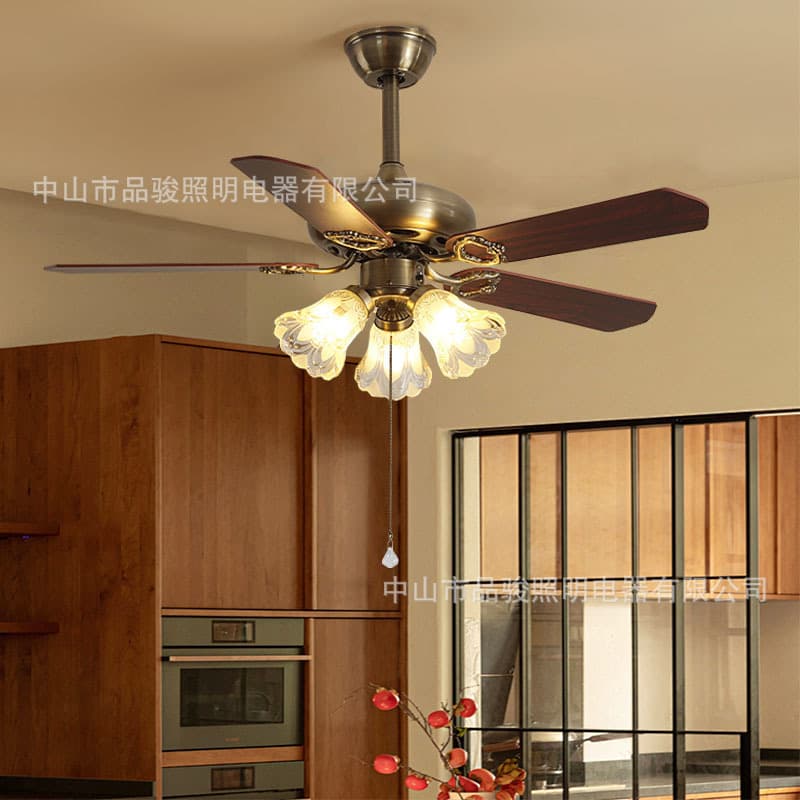 American Retro Ceiling Fan Light for Living Room, Bedroom, Dining Room with Integrated Light and Fan, Zhongshan Lighting
